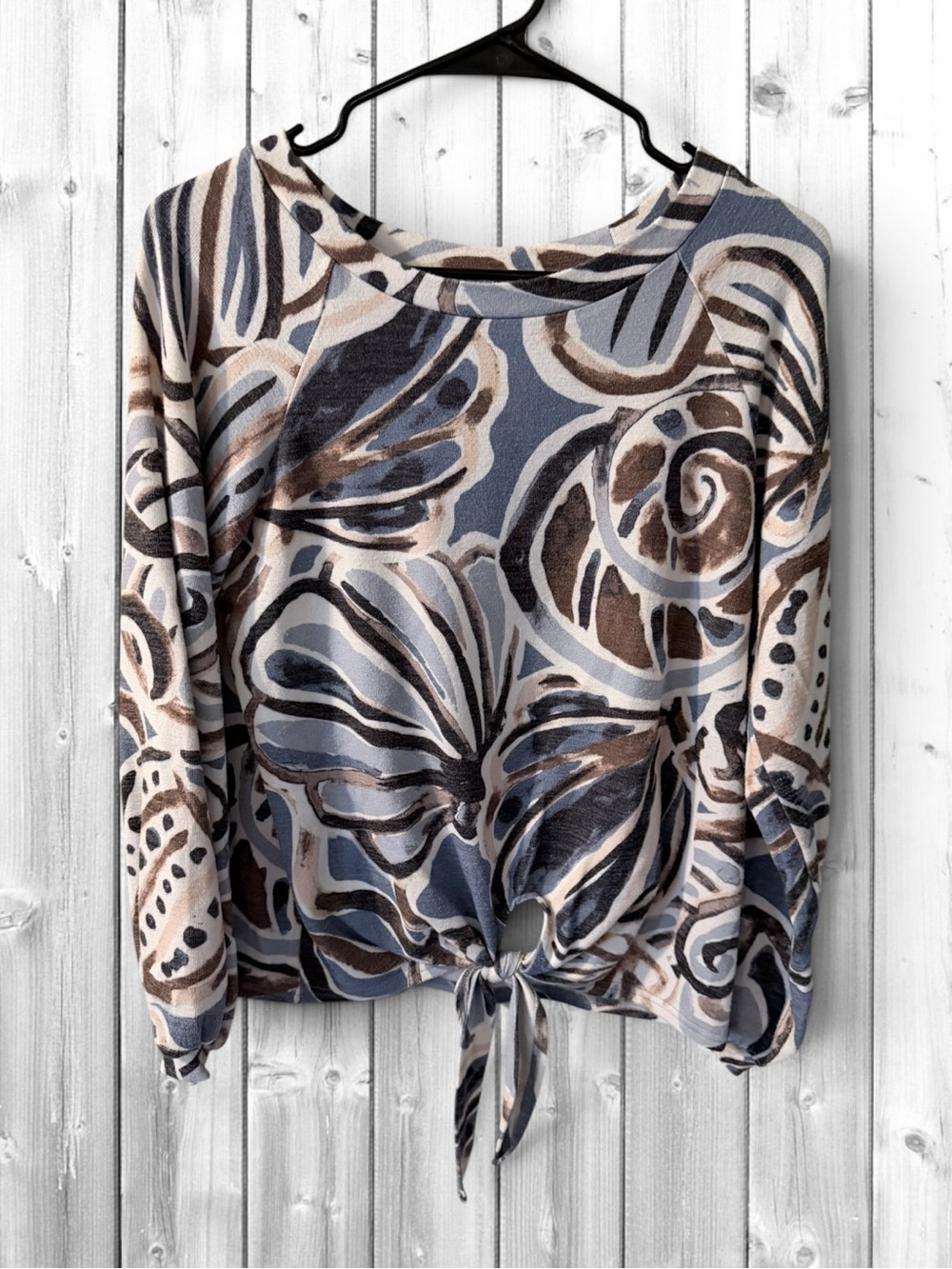 🌼Aryeh Blue and Tan Abstract Tie-Front Long Sleeve Top